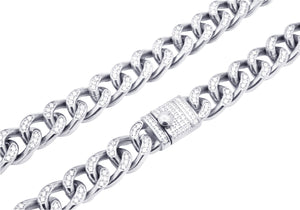 Mens Stainless Steel Curb Link Chain Necklace With Cubic Zirconia - Blackjack Jewelry