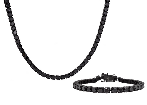Mens Black Stainless Steel 5mm Black Cubic Zirconia Tennis Bracelet And Necklace Set - Blackjack Jewelry