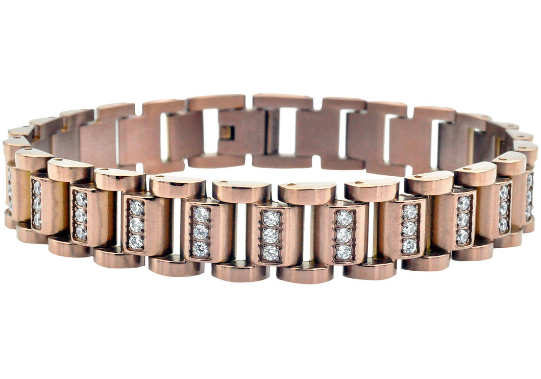 Mens Chocolate Stainless Steel Watch Link Bracelet With Cubic Zirconia - Blackjack Jewelry
