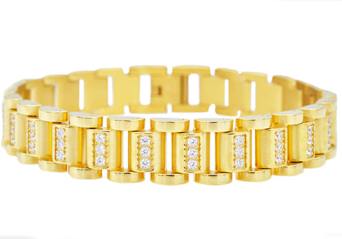 Mens Gold Stainless Steel Link Bracelet With Cubic Zirconia - Blackjack Jewelry