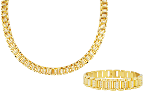 Mens Gold Plated Stainless Steel Chain Link Set With Cubic Zirconia - Blackjack Jewelry