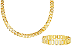 Mens Gold Plated Stainless Steel Chain Link Set With Cubic Zirconia - Blackjack Jewelry