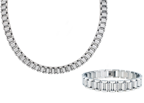 Mens Stainless Steel Chain Link Set With Cubic Zirconia - Blackjack Jewelry