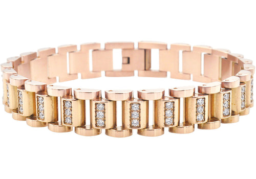 Mens Rose Gold Stainless Steel Watch Link Bracelet With Cubic Zirconia - Blackjack Jewelry