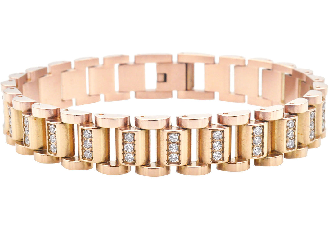 Mens Rose Gold Stainless Steel Watch Link Bracelet With Cubic Zirconia - Blackjack Jewelry