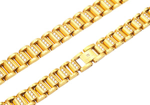 Mens Gold Stainless Steel Link Necklace With Cubic Zirconia - Blackjack Jewelry