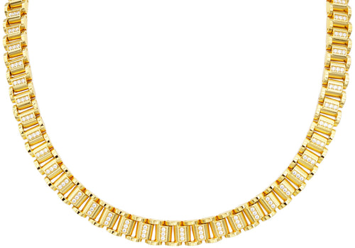 Mens Gold Stainless Steel Link Necklace With Cubic Zirconia - Blackjack Jewelry