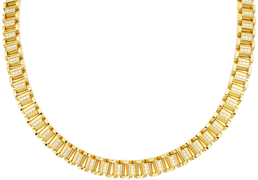 Mens Gold Stainless Steel Link Necklace With Cubic Zirconia - Blackjack Jewelry