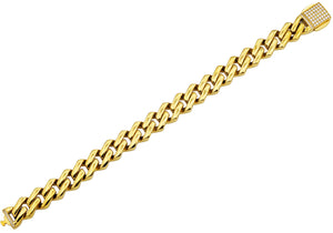 Mens 14mm Gold Plated Stainless Steel Closed Link Curb Chain Bracelet With Cubic Zirconia Embedded Box Clasp - Blackjack Jewelry