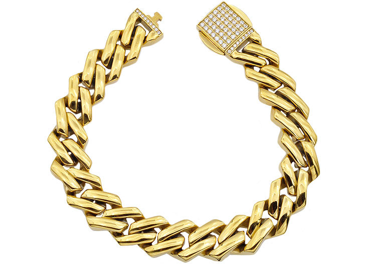 Mens 14mm Gold Plated Stainless Steel Closed Link Curb Chain Bracelet With Cubic Zirconia Embedded Box Clasp - Blackjack Jewelry
