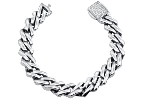 Mens 14mm Stainless Steel Closed Link Curb Chain Bracelet With Cubic Zirconia Embedded Box Clasp - Blackjack Jewelry