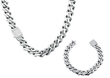 Load image into Gallery viewer, Mens 14mm Stainless Steel Monaco Link Chain Set With Cubic Zirconia Embedded Box Clasp - Blackjack Jewelry
