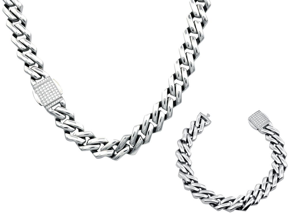 Mens 14mm Stainless Steel Monaco Link Chain Set With Cubic Zirconia Embedded Box Clasp - Blackjack Jewelry