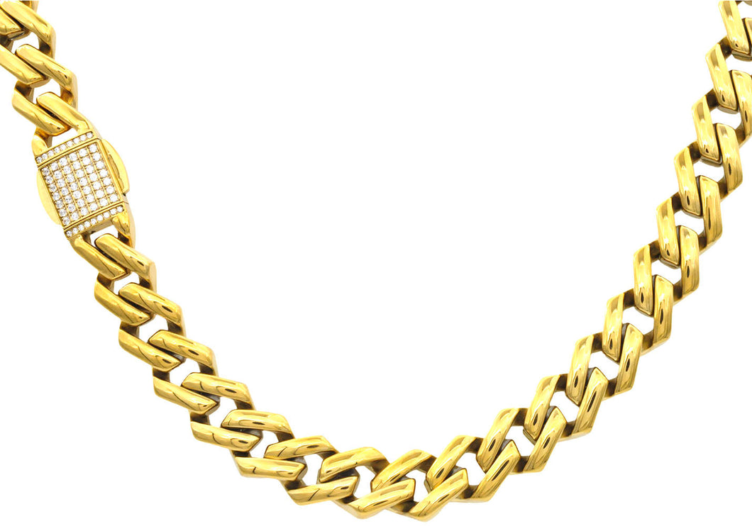 Mens 14mm Gold Plated Stainless Steel Closed Link Curb Chain Necklace With Cubic Zirconia Embedded Box Clasp - Blackjack Jewelry
