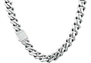 Mens 14mm Stainless Steel Closed Link Curb Chain Necklace With Cubic Zirconia Embedded Box Clasp - Blackjack Jewelry