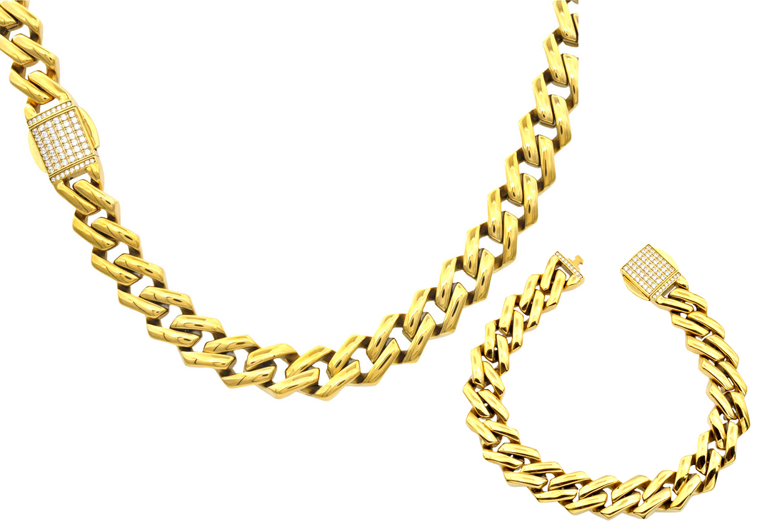 Mens 14mm Gold Plated Stainless Steel Monaco Link Chain Set With Cubic Zirconia Embedded Box Clasp - Blackjack Jewelry