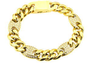 Mens 10mm Gold Plated Stainless Steel Mariner Curb Chain Bracelet With Cubic Zirconia - Blackjack Jewelry