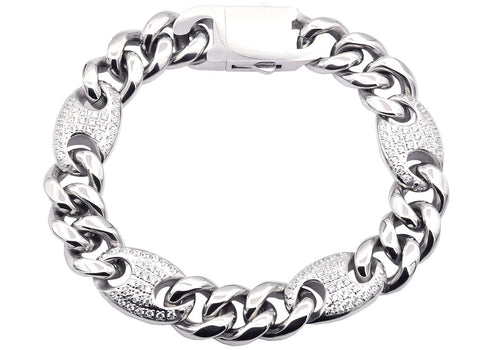 Mens 10mm Stainless Steel Mariner Curb Chain Bracelet With Cubic Zirconia - Blackjack Jewelry