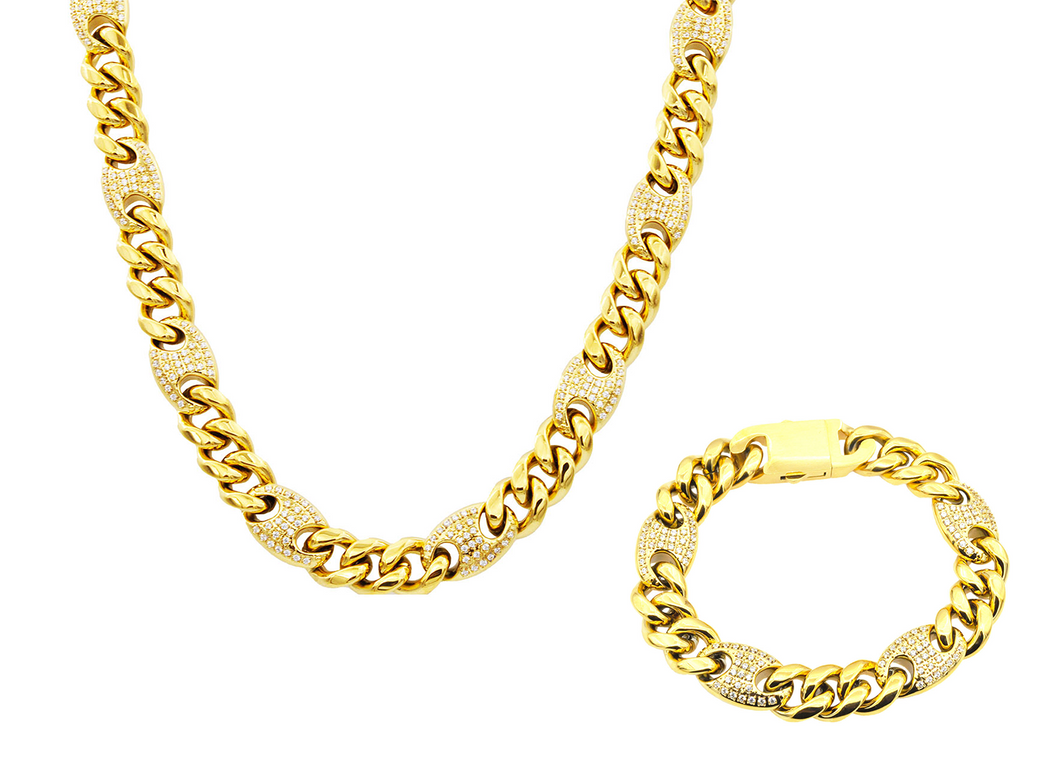 Mens 10mm Gold Plated Stainless Steel Mariner Curb Chain Set With Cubic Zirconia - Blackjack Jewelry