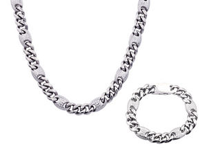 Mens 10mm Stainless Steel Mariner Curb Chain Set With Cubic Zirconia - Blackjack Jewelry