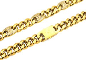 Mens 10mm Gold Plated Stainless Steel Mariner Curb Chain Necklace With Cubic Zirconia - Blackjack Jewelry