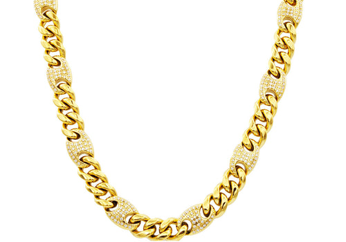 Mens 10mm Gold Plated Stainless Steel Mariner Curb Chain Necklace With Cubic Zirconia - Blackjack Jewelry