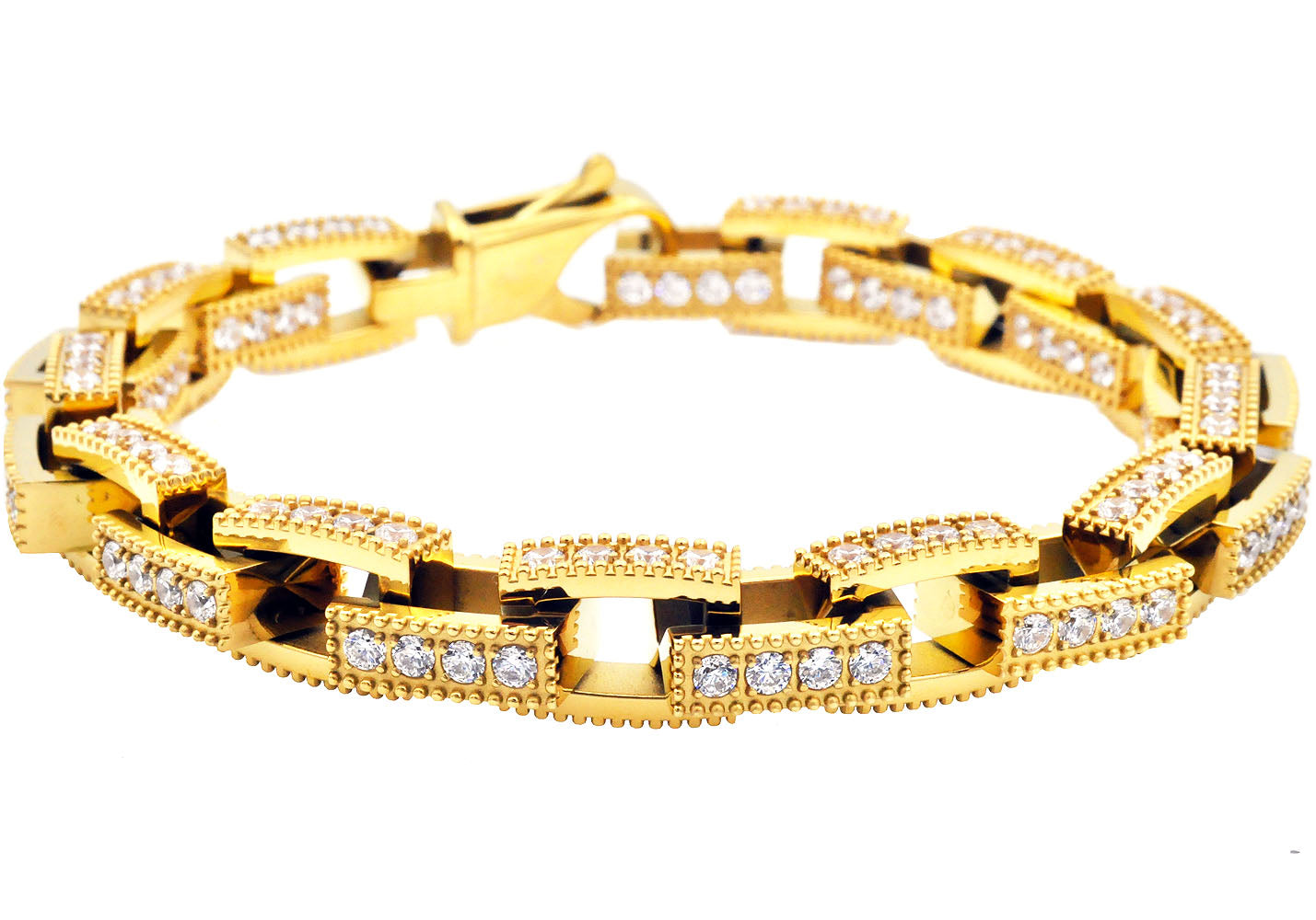 Mens Gold Stainless Steel Square Link Chain Bracelet with Cubic Zircon