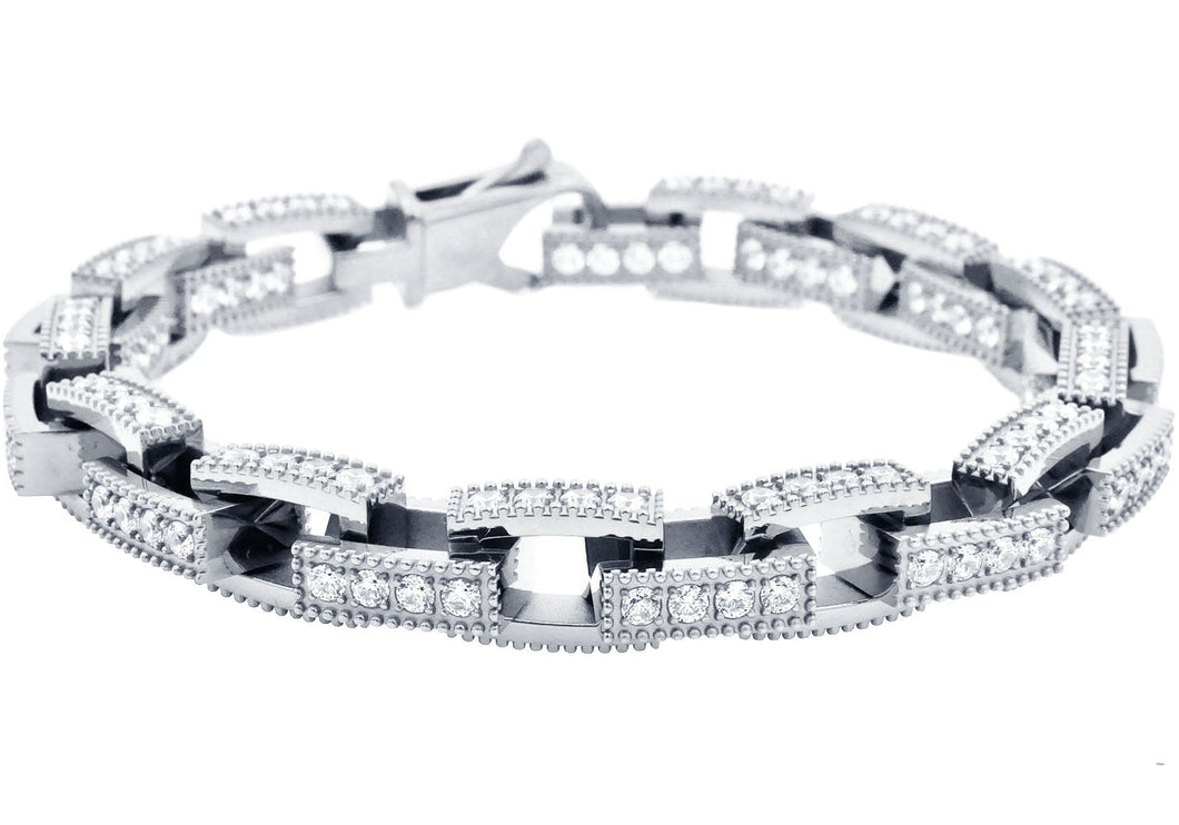 Mens Stainless Steel Square Link Chain Bracelet with Cubic Zirconia - Blackjack Jewelry