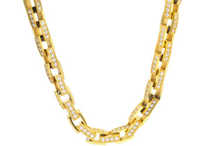 Mens Gold Stainless Steel Square Link Chain Necklace with Cubic Zirconia - Blackjack Jewelry