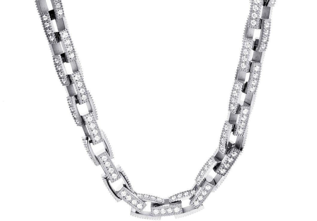 Mens Stainless Steel Square Link Chain Necklace with Cubic Zirconia - Blackjack Jewelry