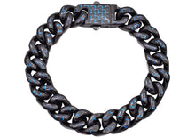 Load image into Gallery viewer, Men&#39;s 12mm Black Plated Stainless Steel Cuban Link Chain Bracelet With Blue Carbon Fiber
