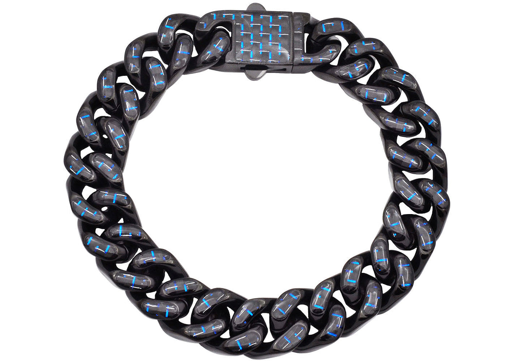 Men's 12mm Black Plated Stainless Steel Cuban Link Chain Bracelet With Blue Carbon Fiber