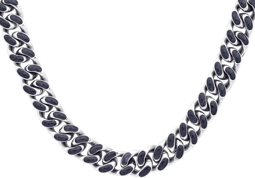 Mens 12mm Stainless Steel Cuban Link Chain Necklace With Carbon Fiber - Blackjack Jewelry