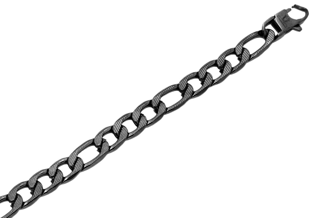 Mens Black Plated Textured Stainless Steel Figaro Link Chain Bracelet - Blackjack Jewelry