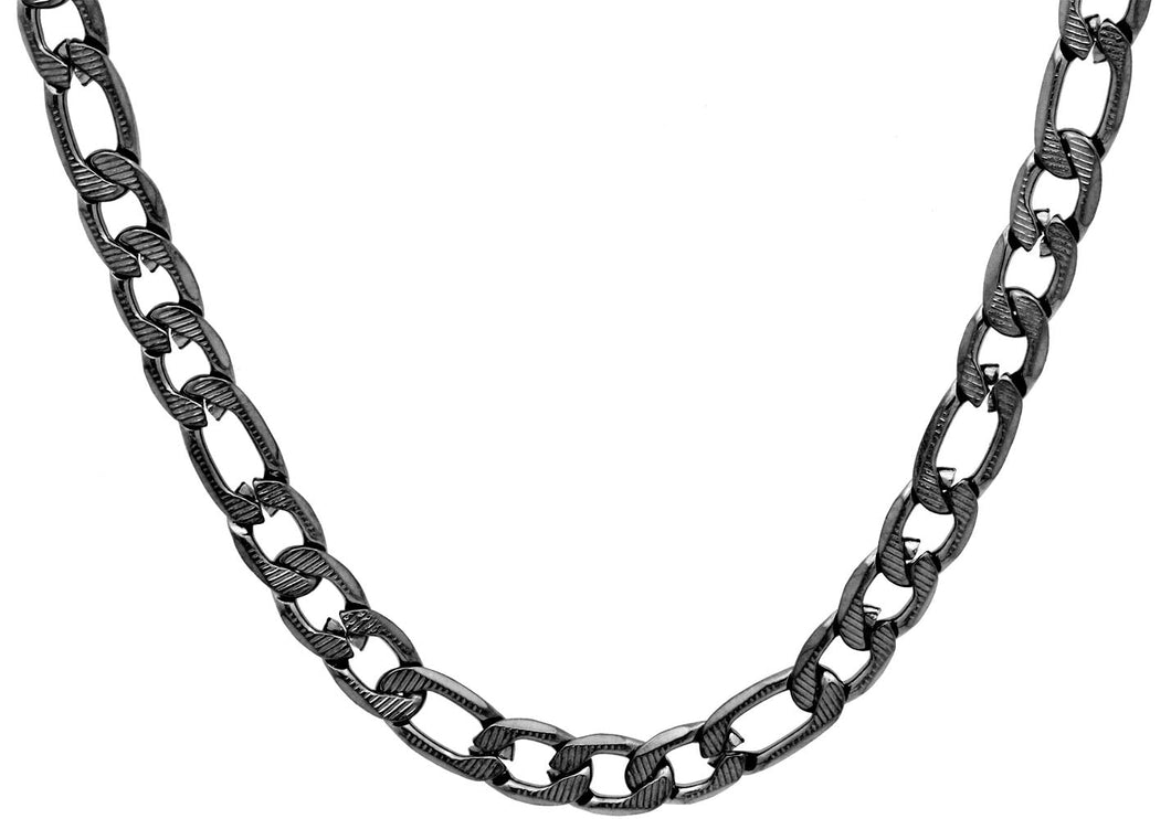 Mens Black Plated Textured Stainless Steel Figaro Link Chain Necklace - Blackjack Jewelry