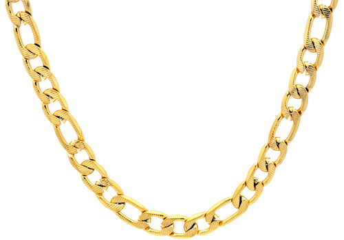 Mens Gold Plated Textured Stainless Steel Figaro Link Chain Necklace - Blackjack Jewelry