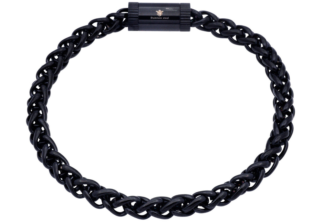 Mens Black Stainless Steel Wheat Link Chain Bracelet With Magnetic Clasp - Blackjack Jewelry
