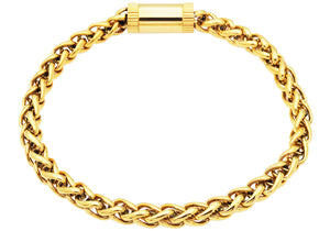 Mens Gold Plated Stainless Steel Wheat Link Chain Bracelet With Magnetic Clasp - Blackjack Jewelry