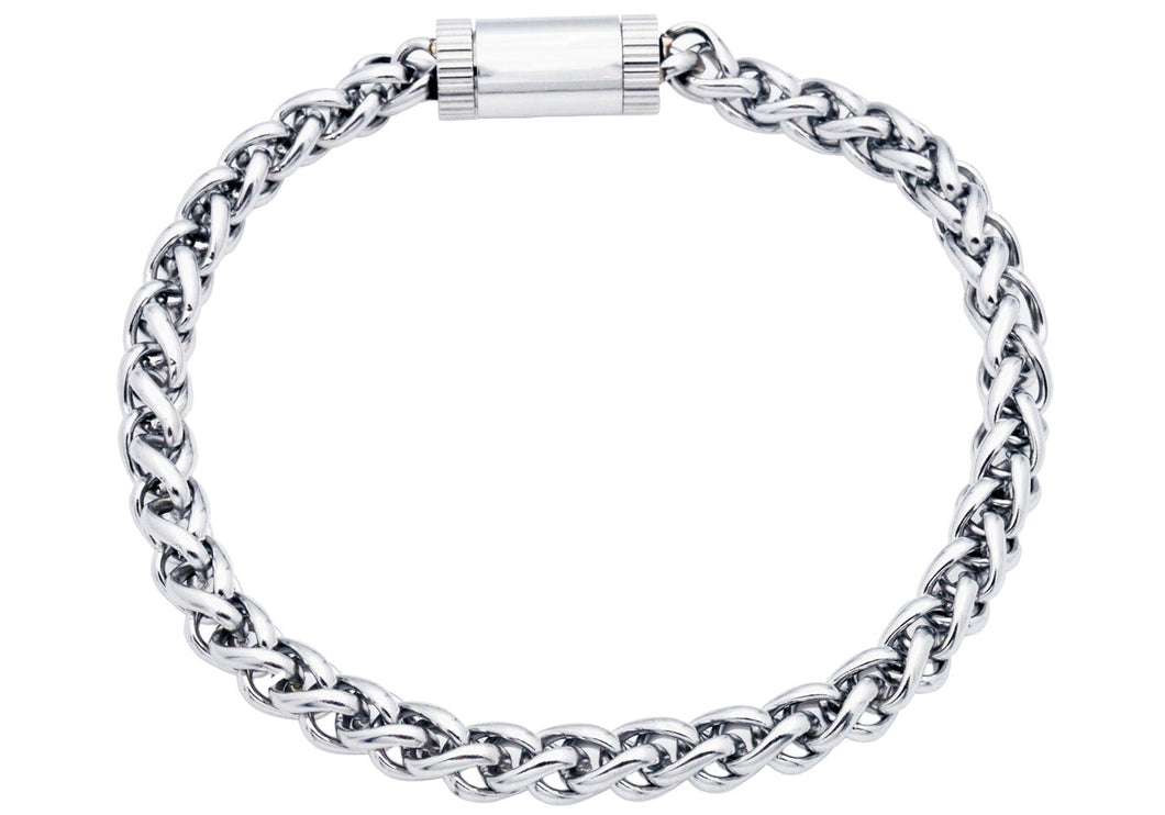 Mens Stainless Steel Wheat Link Chain Bracelet With Magnetic Clasp - Blackjack Jewelry