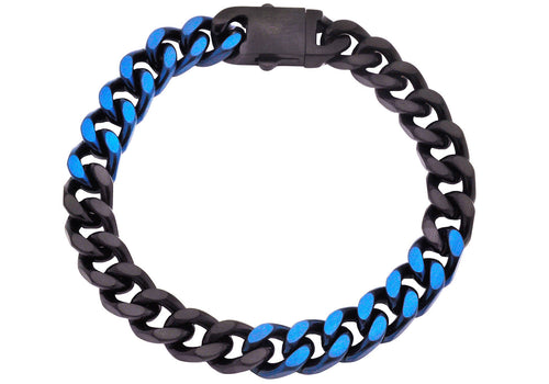 Mens 10mm Two-Toned Black And Blue Plated Stainless Steel Cuban Link Chain Bracelet - Blackjack Jewelry