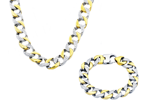 Mens 14mm Two Tone Gold Stainless Steel Pave Curb Link Bracelet & Necklace Chain Set - Blackjack Jewelry