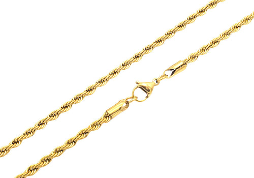 Mens 3MM Gold Stainless Steel Rope Chain Necklace