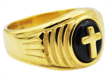 Load image into Gallery viewer, Mens Onyx And Gold Stainless Steel Cross Ring - Blackjack Jewelry
