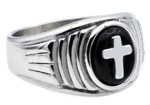 Mens Onyx And Stainless Steel Cross Ring - Blackjack Jewelry