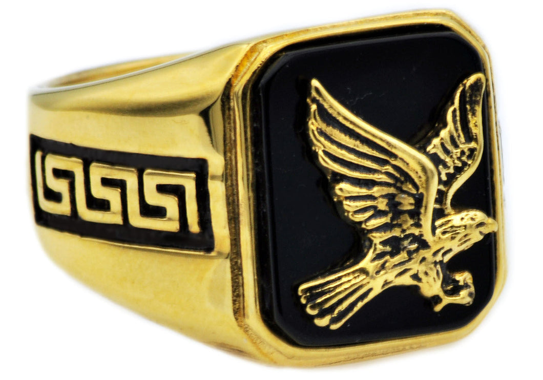Mens Onyx And Gold Stainless Steel Eagle Ring - Blackjack Jewelry