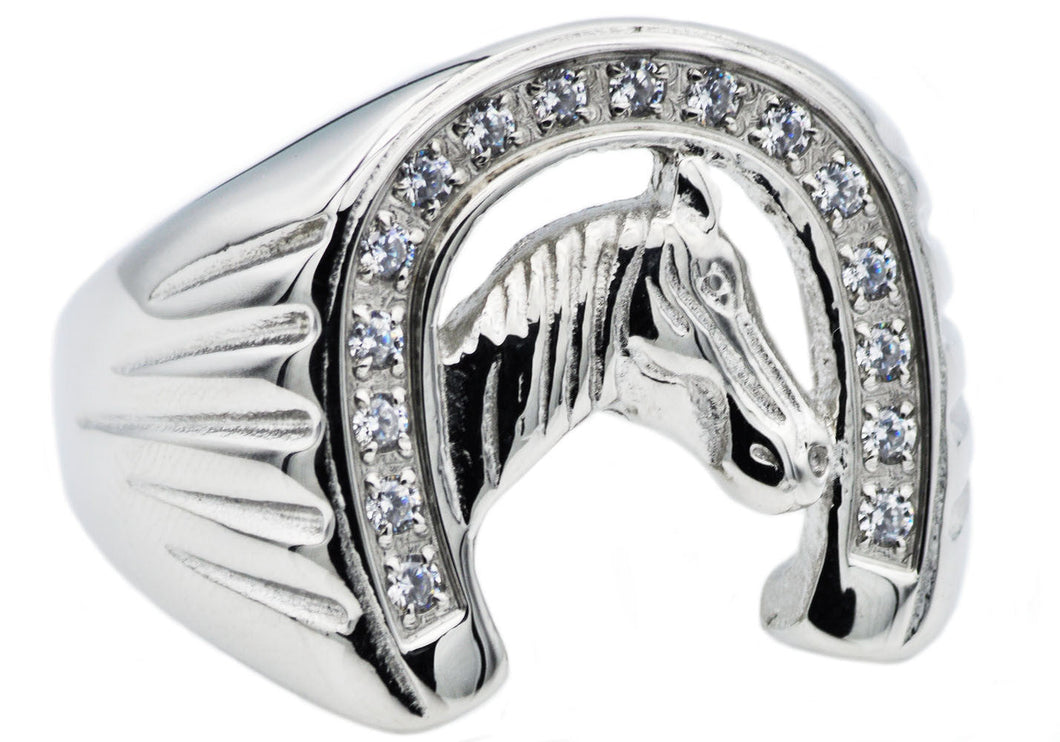 Mens Stainless Steel Horse Shoe Ring WIth Cubic Zirconia - Blackjack Jewelry