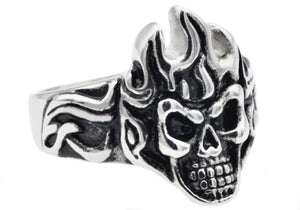 Mens Stainless Steel Flaming Skull Ring - Blackjack Jewelry