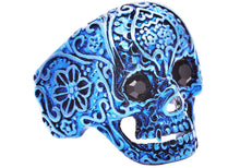 Load image into Gallery viewer, Men&#39;s Blue Stainless Steel Skull Ring With Black Cubic Zirconia
