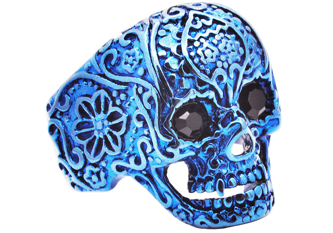 Men's Blue Stainless Steel Skull Ring With Black Cubic Zirconia