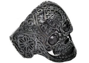 Mens Black Stainless Steel Skull Ring With Black Cubic Zirconia - Blackjack Jewelry